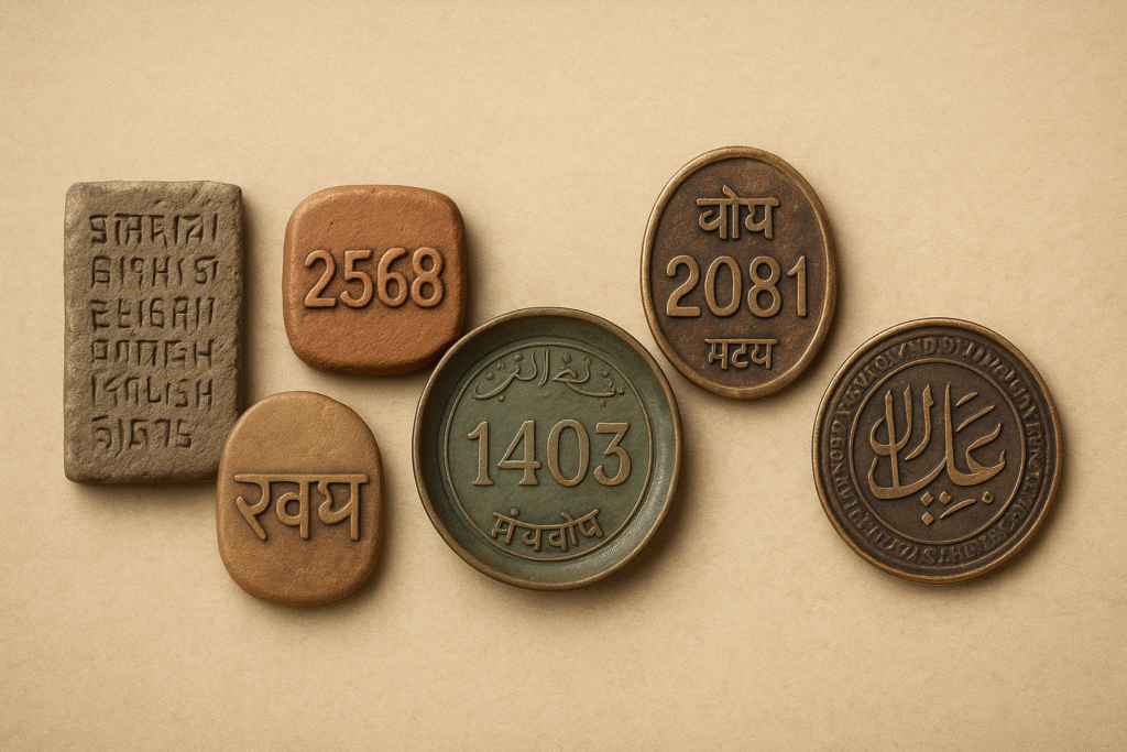 Ancient calendar artifacts representing different countries using unique calendar systems like Ethiopia, Thailand, Iran, Nepal, and Islamic nations with non-Gregorian year counting.