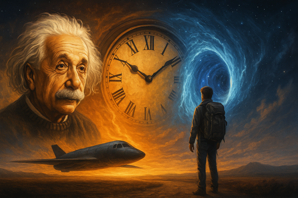 Time Travel Theory Albert Einstein time travel theory illustration with space-time continuum and clock visualization