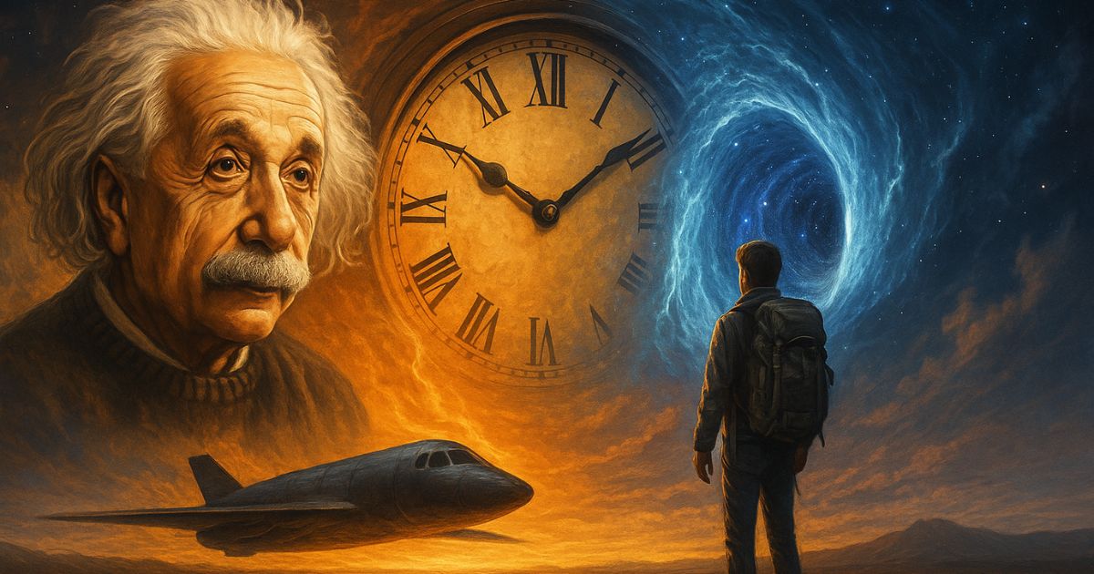 "Albert Einstein time travel theory illustration with space-time continuum and clock visualization