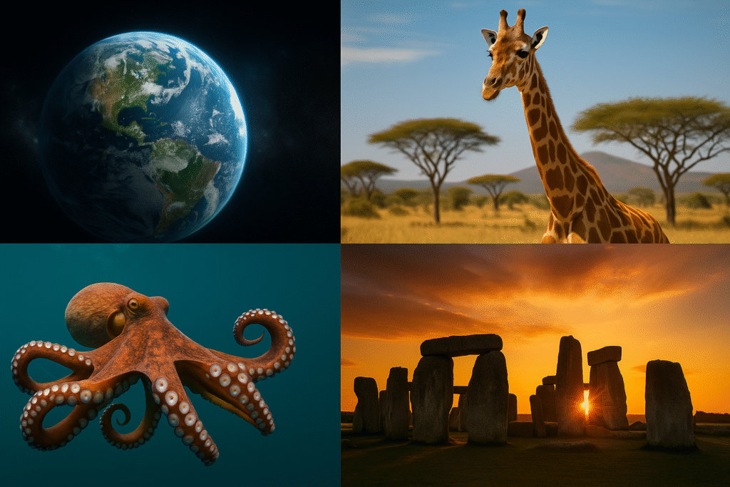 100 amazing facts about the world, nature science facts, rare animal behaviors, ancient civilizations visuals, Earth and universe mysteries