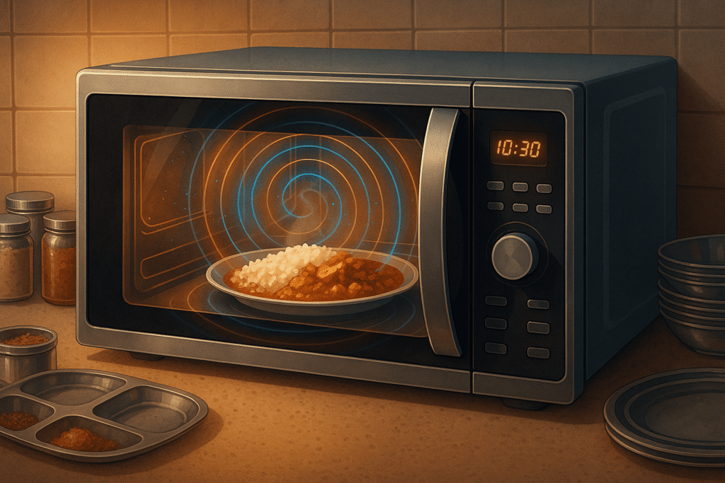 Detailed explanation of how food is heated in a microwave using microwave radiation with real-life Indian kitchen examples.